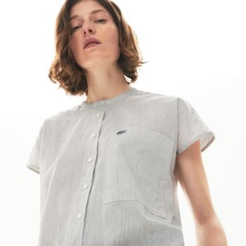 Lacoste Striped Linen And Cotton Blend Shirt - Šortky Dámské Bílé / Tmavě Blankyt Blankyt | CZ-R2LTz